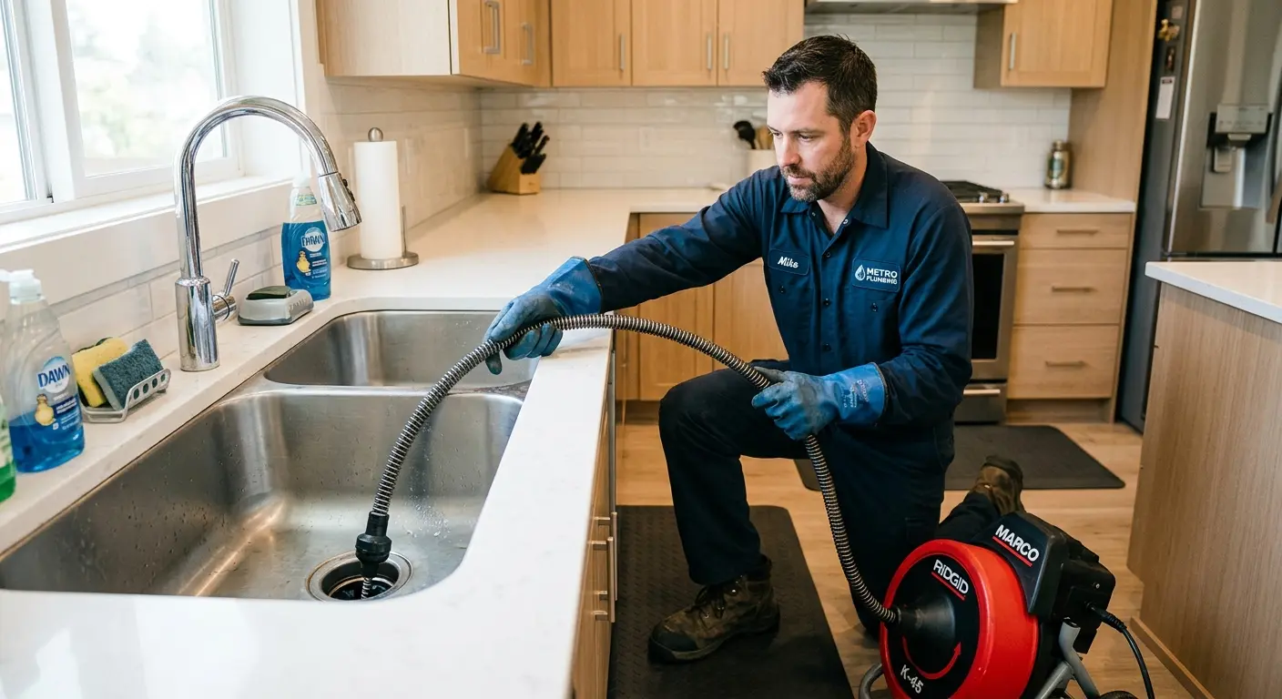 Drain cleaning technician using a motorized snake on a kitchen sink in Greenwood Village