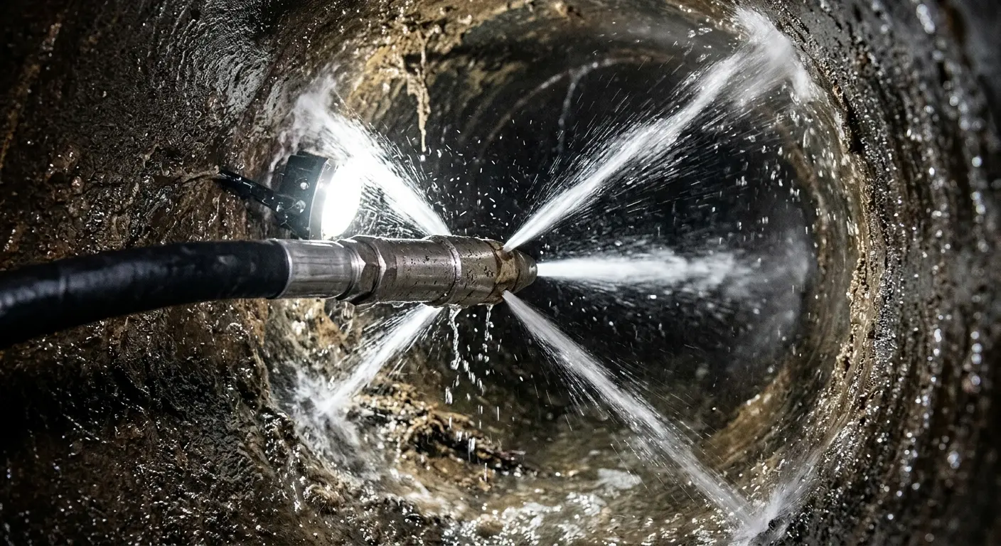 High-pressure hydro jetting nozzle cleaning sewer pipe for Emergency Drain Service in Greenwood Village
