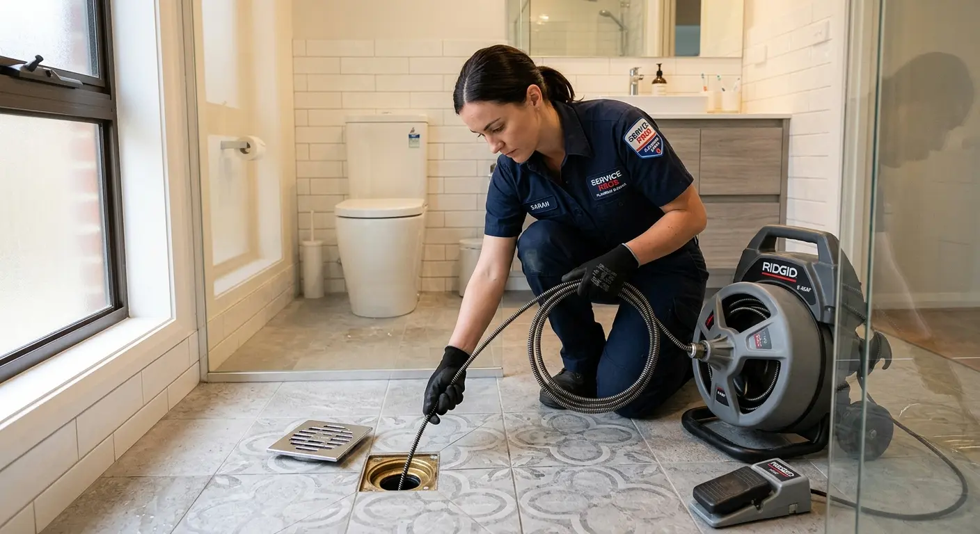 Technician clearing a bathroom floor drain for Drain Repair in Greenwood Village
